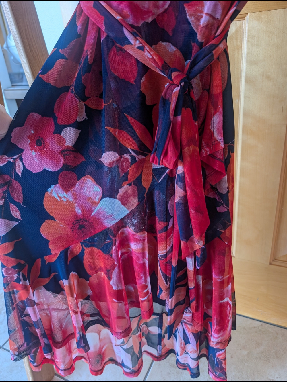 connected apparel Navy and Red Floral Midi Wrap Dress with Flutter Sleeves - Picture 5 of 9